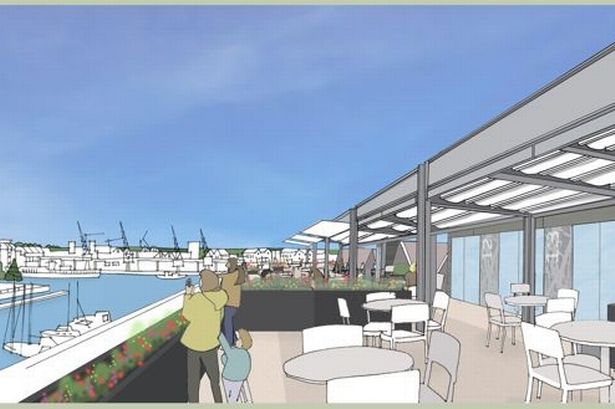 Illustration of the proposed new roof terrace on top of the V-Shed building at Bristol's Floating Harbour
