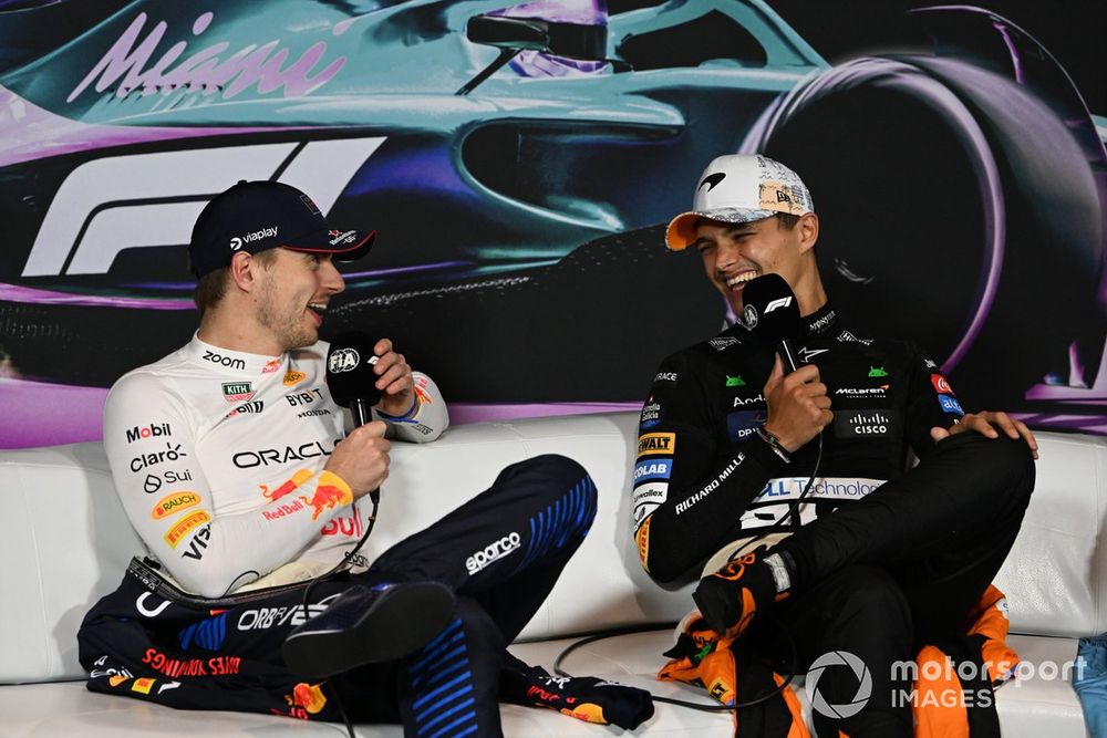 Max Verstappen, Red Bull Racing, 2nd position, Lando Norris, McLaren F1 Team, 1st position, in the Press Conference