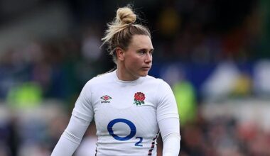 Megan Jones standing on the pitch during a Six Nations match for England