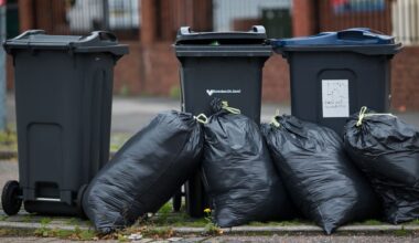 Rubbish bags piled up in front of bins in Moseley Road, Birmingham