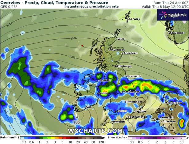 A map of the British Isles shaded blue to show arrival of rain