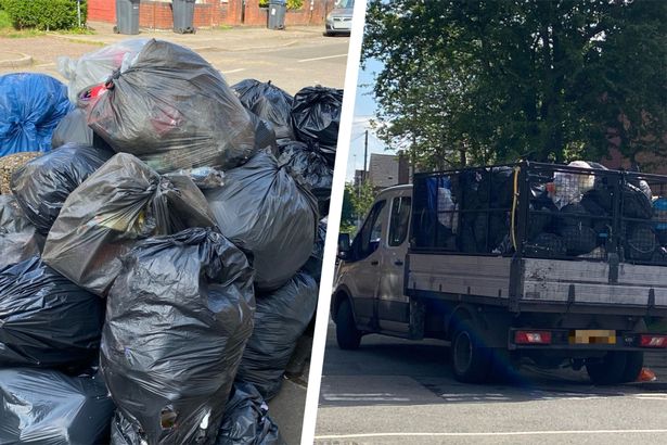 A heap of rubbish bags in Selly Park, Birmingham before they were cleared by refuse workers on Thursday, April 24