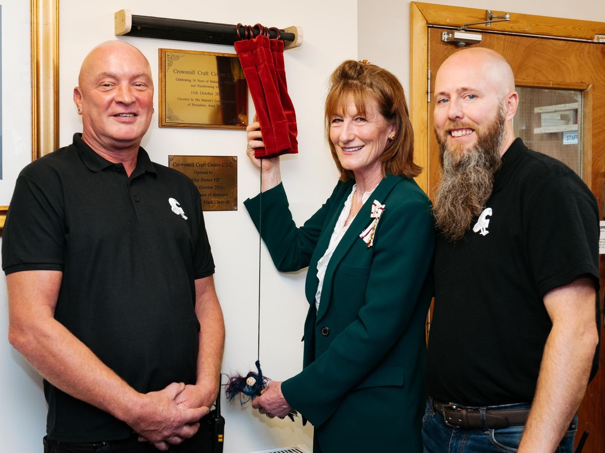 Lord Lieutenant of Shropshire Anna Turner with Crowsmill Craft Centre founders Mark Chiswell, left, and Dickon Pitt who has now received an invite to the palace