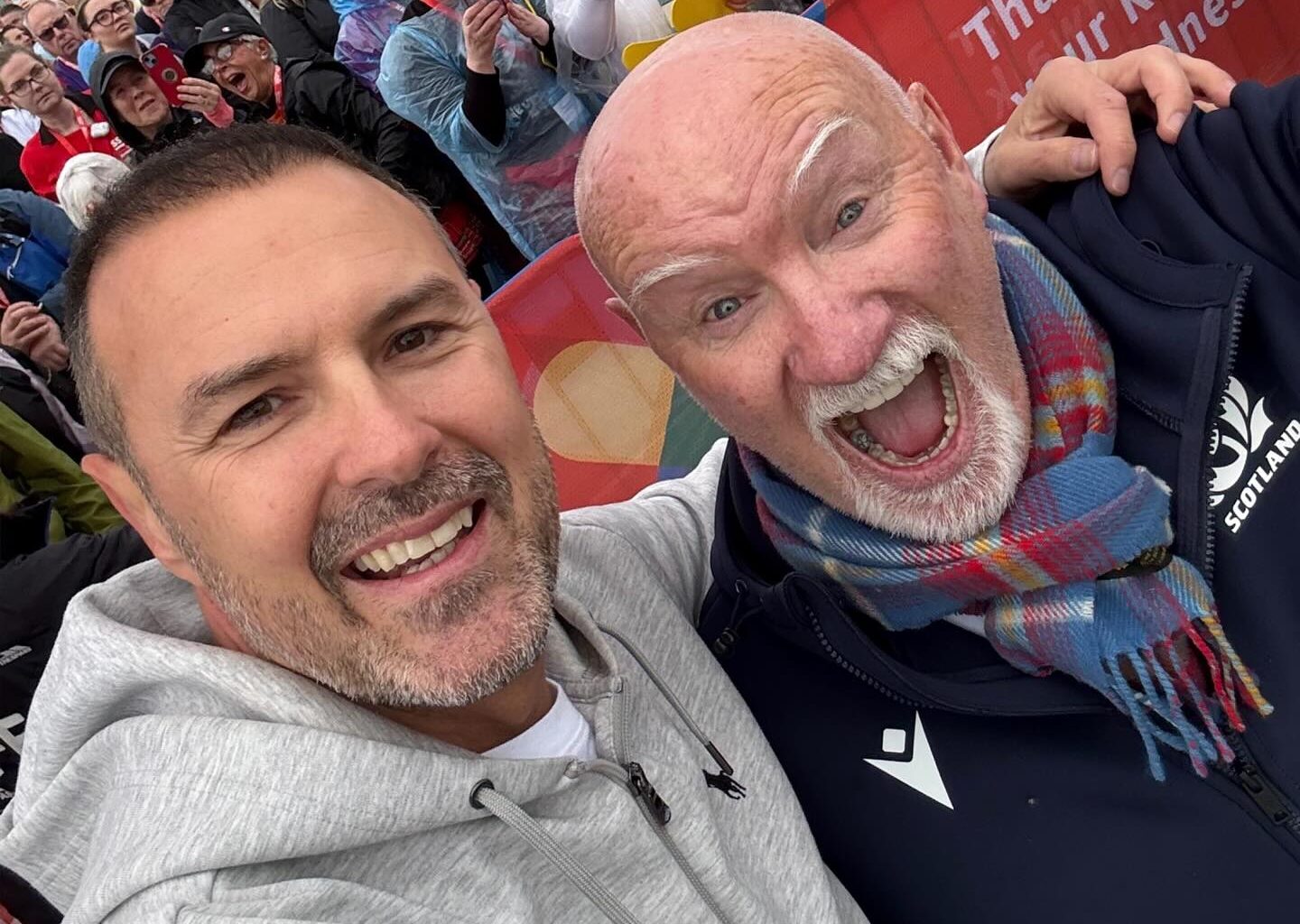 Paddy McGuinness dons bespoke tartan kilt as he treks 14 miles to Scots village