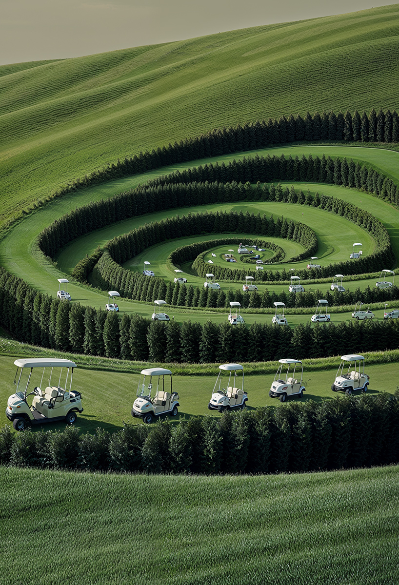 ulises studio's digital images stage hypnotic procession of golf carts tracing invisible lines