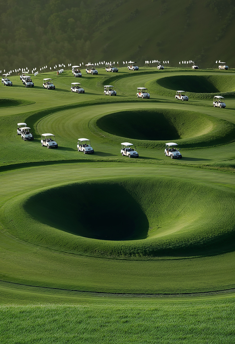 ulises studio's digital images stage hypnotic procession of golf carts tracing invisible lines