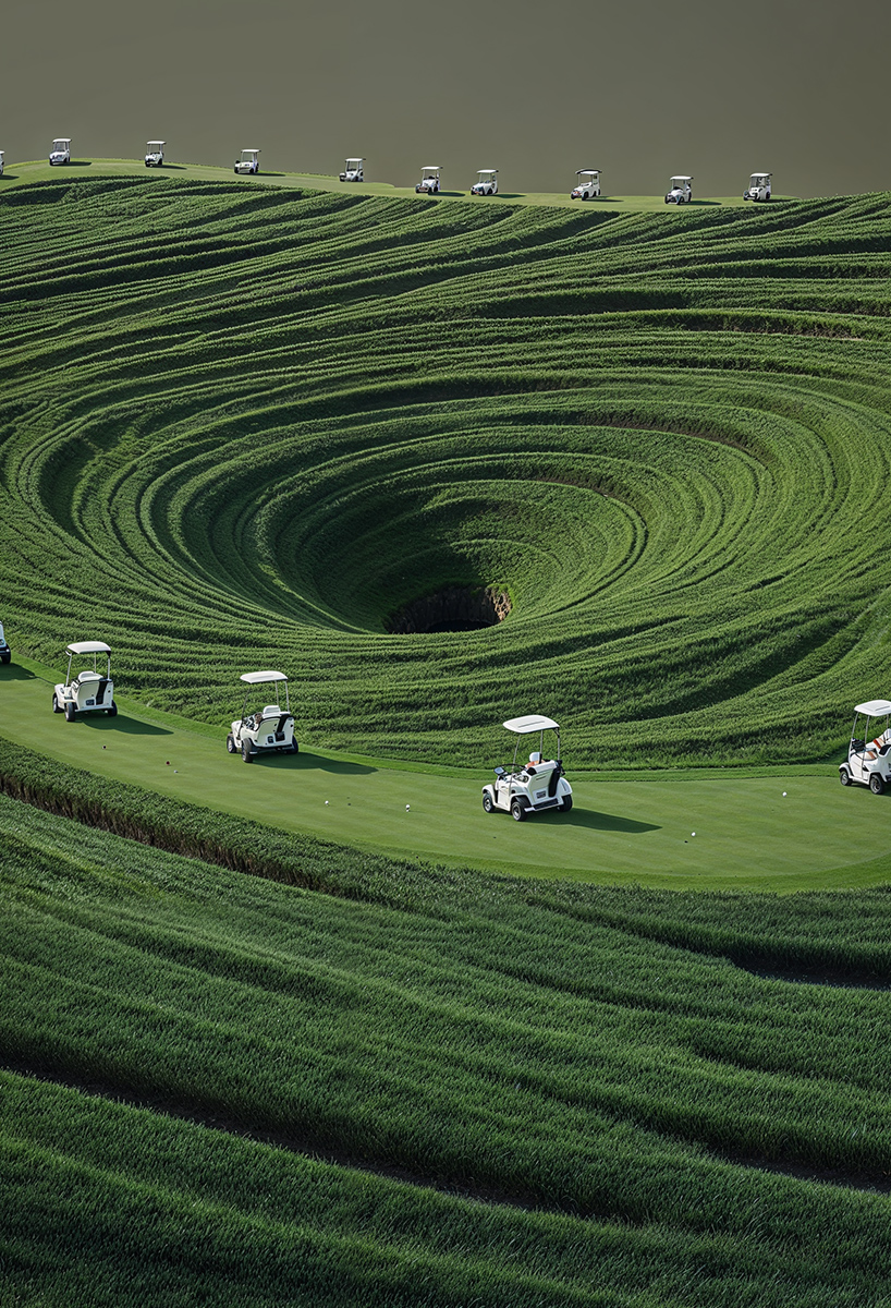 ulises studio's digital images stage hypnotic procession of golf carts tracing invisible lines