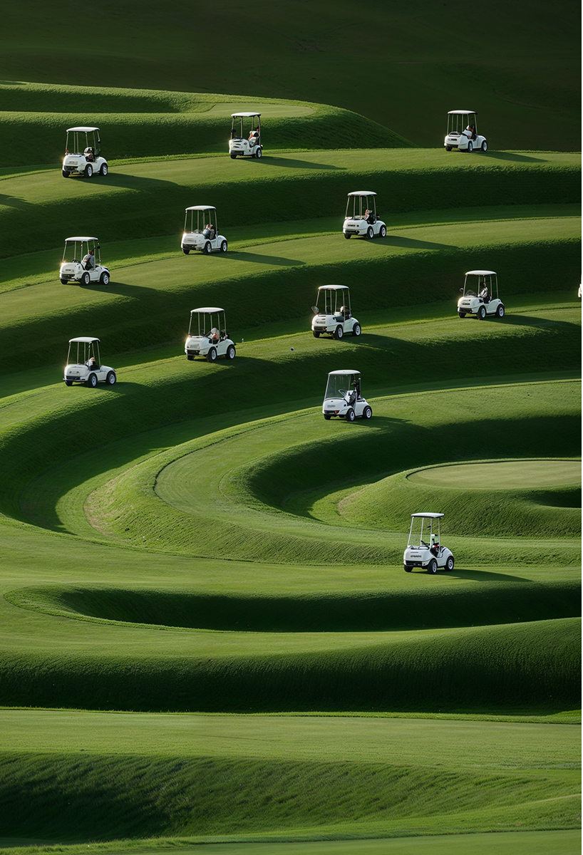 ulises studio's digital images stage hypnotic procession of golf carts tracing invisible lines