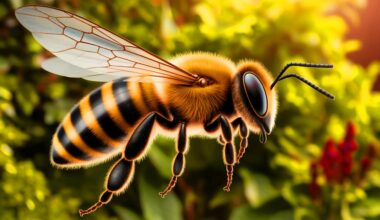 Illustration of a bee with a rice-sized energy harvester on its back (AI-generated, non-realistic illustration). Credit: Ideogram.