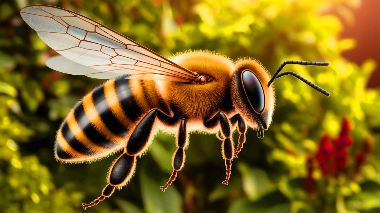 Illustration of a bee with a rice-sized energy harvester on its back (AI-generated, non-realistic illustration). Credit: Ideogram.
