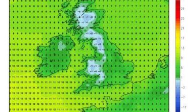 UK weather maps turn blue as 'heatwave' ends with -1C freeze in parts
