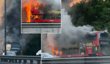 Vehicle engulfed in flames and pillars of smoke seen billowing into sky after huge blaze erupts