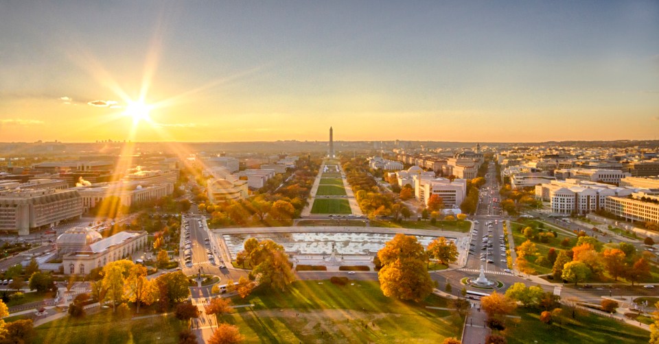 Aerial view of the National Mall in Washington, D.C. at sunset.
