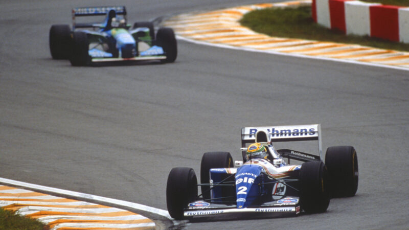 Ayrton Senna (Williams-Renault) leads Michael Schumacher (Benetton-Ford) in the 1994 Brazilian Grand Prix in Interlagos, Sao Paulo