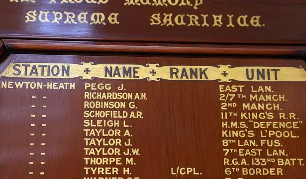 The memorial showing the name of L (Leonard) Sleigh, from the Newton Heath depot, who died when his ship, HMS Defence, was sunk in the Battle of Jutland in 1916.