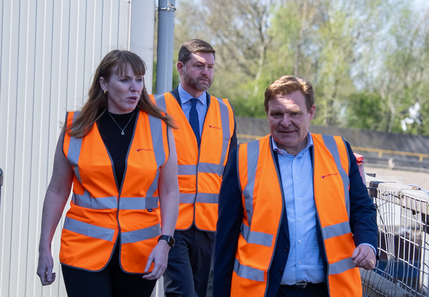 Deputy prime minister Angela Rayner, local government minister Jim McMahon and Birmingham council leader John Cotton in Birmingham on April 10