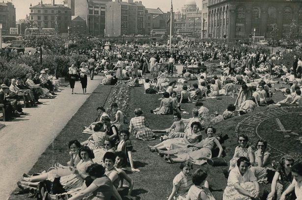 Summer 1957, and Coronation Gardens - off Lord Street - is packed with office workers and shoppers enjoying lunch and watching a performance by the band of the 1st Battalion of the King's Regiment
