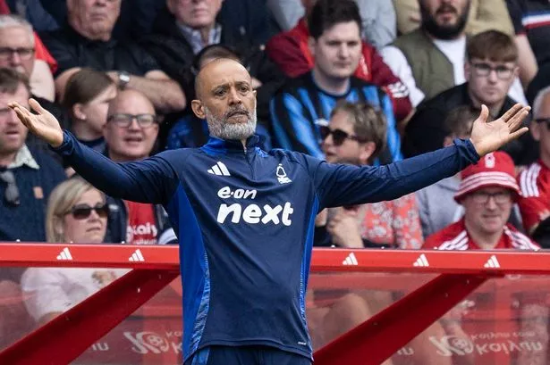 NOTTINGHAM, ENGLAND - APRIL 12: Nottingham Forest's manager Nuno Espirito Santo gestures during the Premier League match between Nottingham Forest FC and Everton FC at City Ground on April 12, 2025 in Nottingham, England. (Photo by Andrew Kearns - CameraSport via Getty Images)