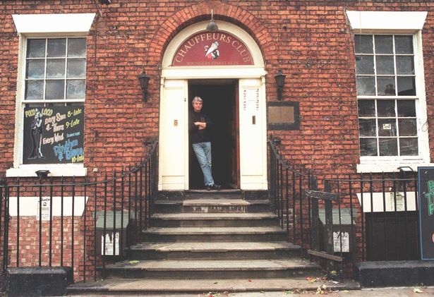 Ken Hanley outside Chauffeurs club on Hope Street, Liverpool