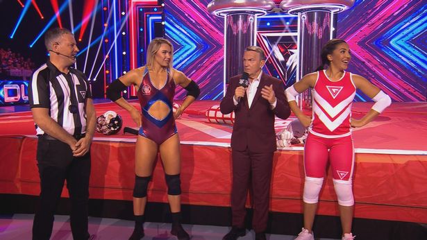 Paramedic Zoe Mcintosh (far right) appears on Gladiators alongside (l-r) referee Mark Clattneburg, bodybuilder Diamond and host Bradley Walsh 
