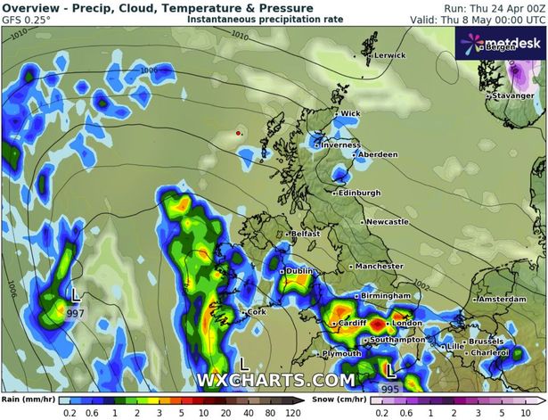A map of the British Isles shaded blue to show arrival of rain
