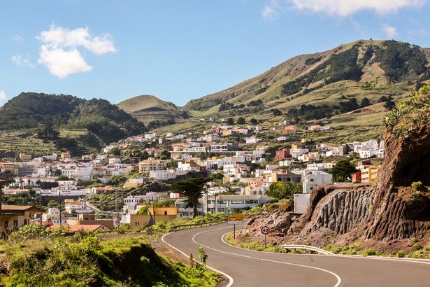 Shot of the village of Valverde, showing volcanic landscape and houses on a sunny day