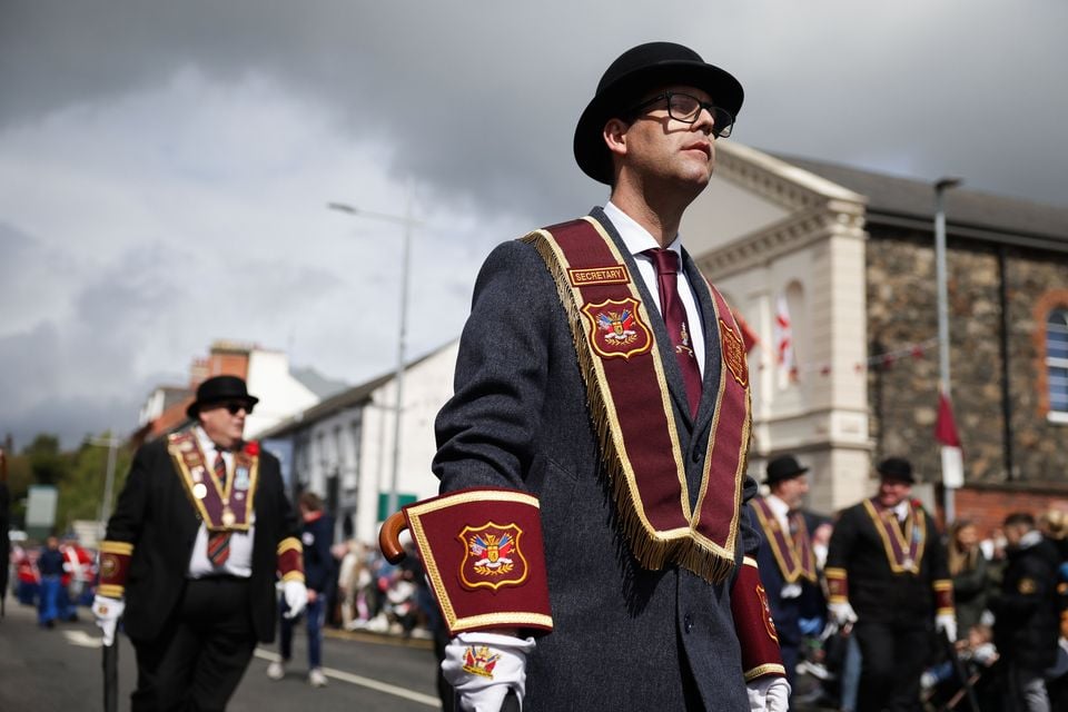 Press Eye - Belfast - Northern Ireland - 21st April 2025 General view of the main Apprentice Boys of Derry parade as it makes its way through the centre of Lisburn. Over 50 bands joined the main parade as it made its way through the County Antrim town. Photo by Kelvin Boyes  / Press Eye. 
