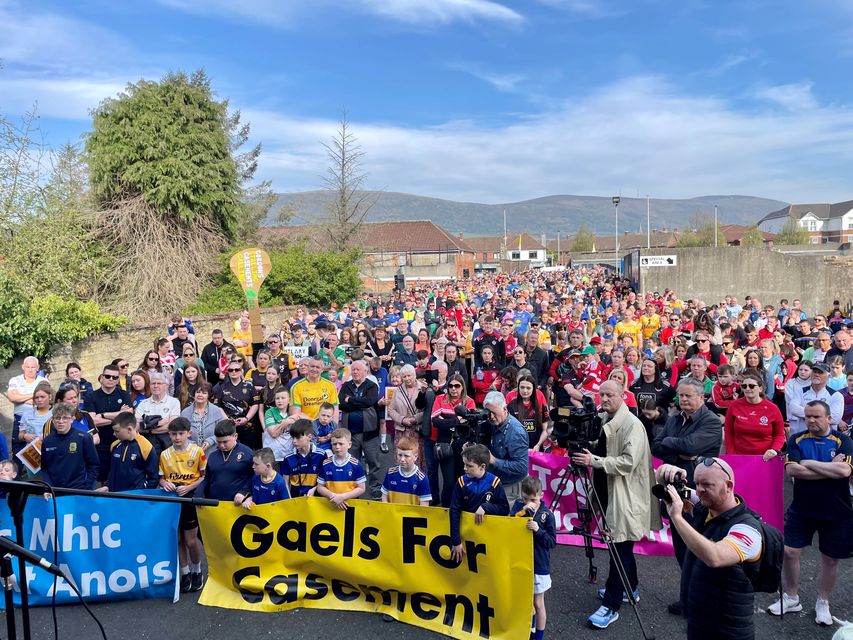 The rally was held adjacent to the crumbling ruins of Casement Park (David Young/PA)