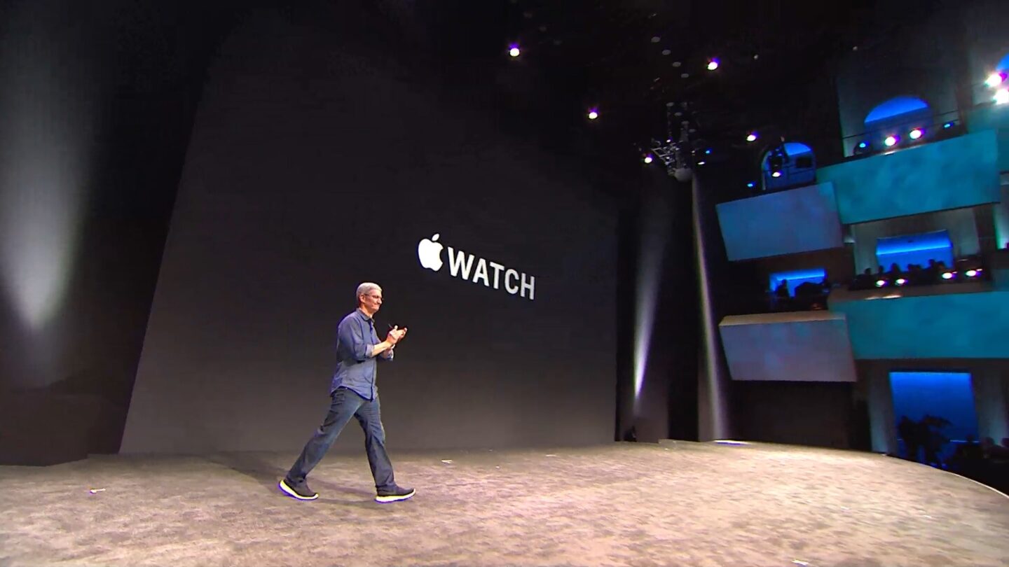 Tim Cook on stage after revealing Apple Watch