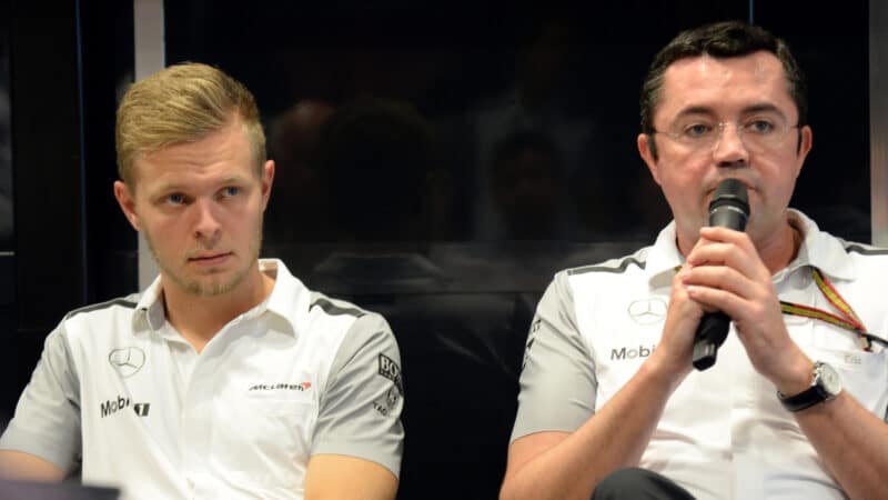 Kevin Magnussen and McLaren-Mercedes team principal Eric Boullier at a press conference after qualifying for the 2014 Russian Grand Prix