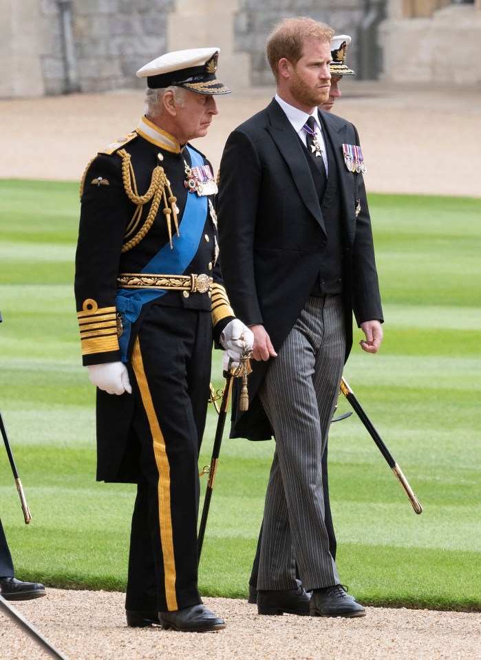 King Charles III and Prince Harry at Windsor Castle.