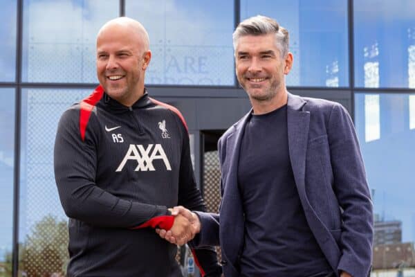 KIRKBY, ENGLAND - Friday, July 5, 2024: Liverpool's new head coach Arne Slot (L) and Sporting Director Richard Hughes (R) are presented at a photo call at the club's AXA Training Centre. (Photo by David Rawcliffe/Propaganda)