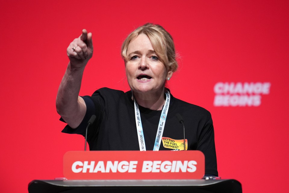Sharon Graham speaking at the Labour Party Conference.