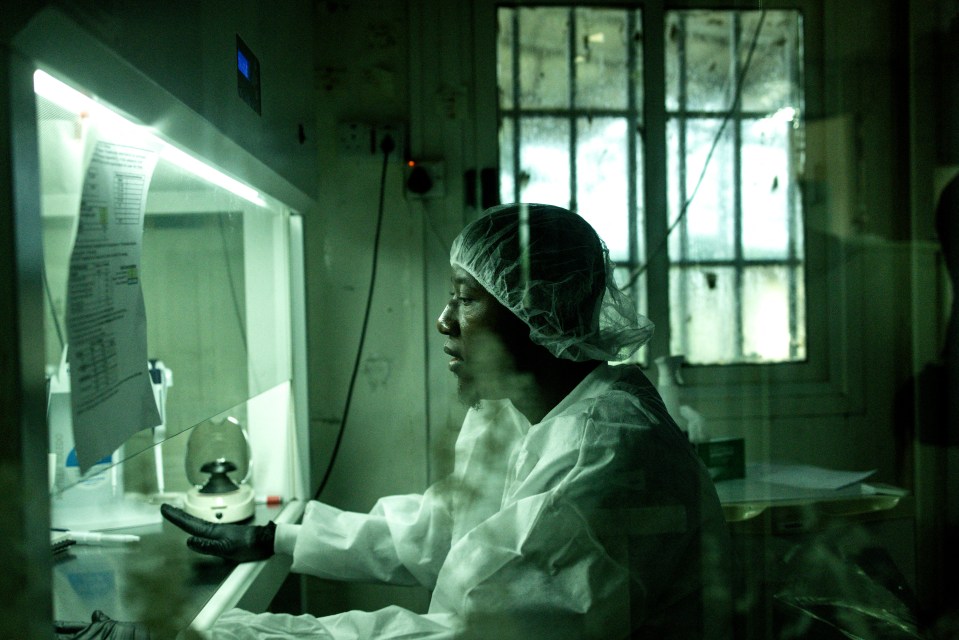 A researcher in protective gear works in a Lassa fever laboratory.