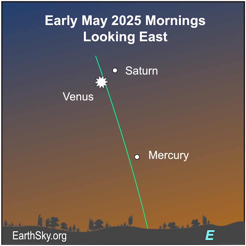 Chart for the Southern Hemisphere showing a small dot, Mercury with a starred dot, Venus, and a small dot, Saturn, above it.