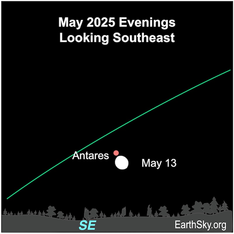 A near disk, the moon, lies immediately below a dot, Antares. They are both above a wavy line, the horizon.
