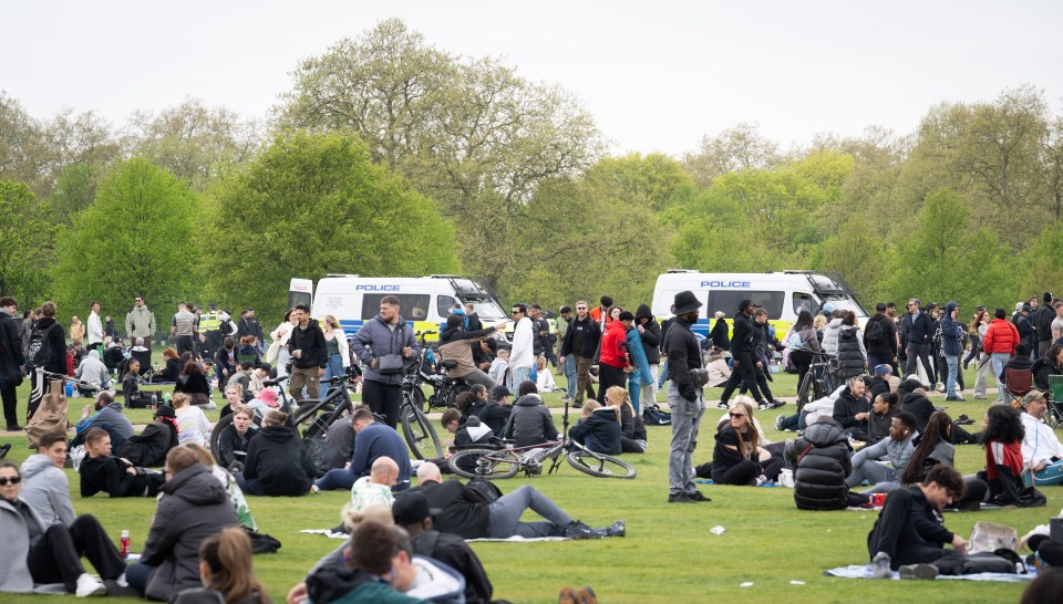 Large group of people gathered in a park, with police vans visible in the background.