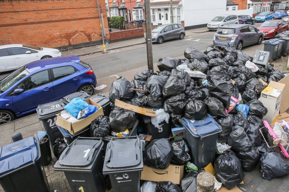 Pile of overflowing garbage bags on a residential street during a bin workers' strike.