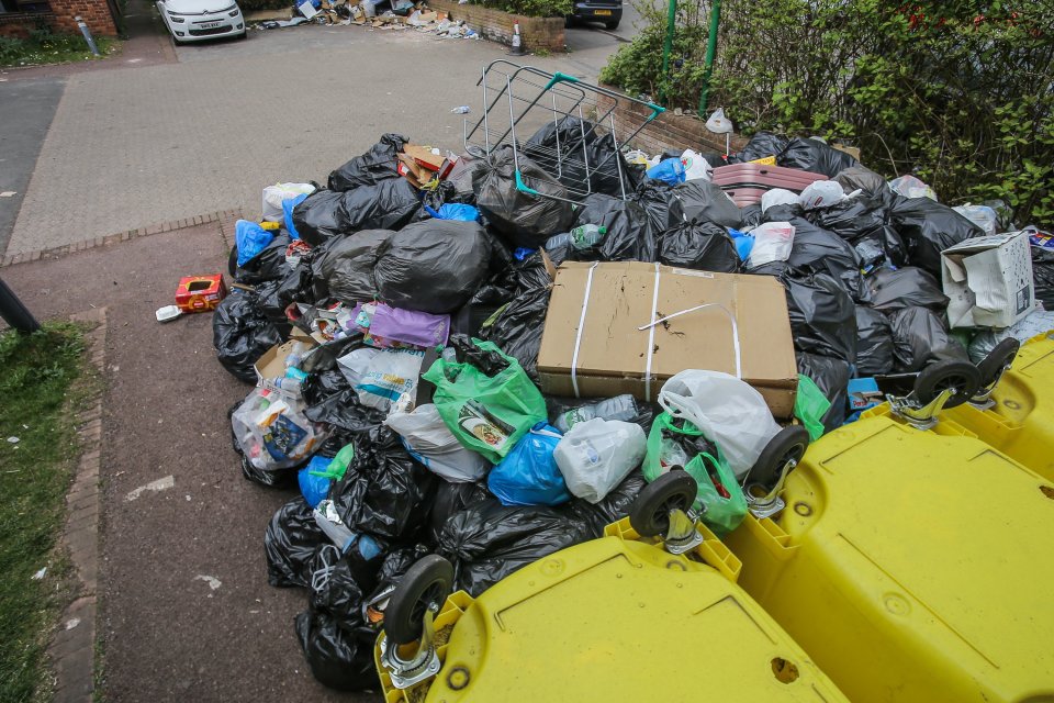 Pile of uncollected garbage bags on a residential street during a bin workers' strike.