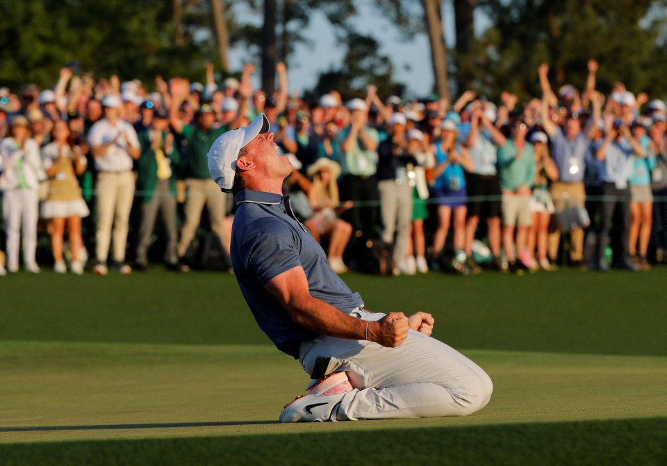 Rory McIlroy celebrates winning The Masters.