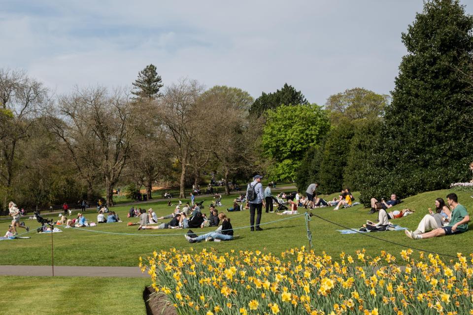People enjoying a sunny day in a park.