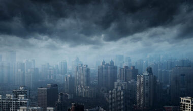 Dark storm clouds over Shanghai, China