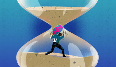 An illustration of a person in a sand timer holding up a mitochondrion  blocking the sand from falling through the gap.