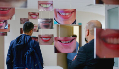 People look at the photos of smiling teeth at a dentist's exhibition.