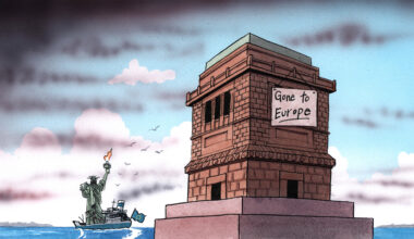 Illustration of the statue of liberty sailing off on a boat with the EU flag on it, her plinth is in the foreground with a notice pinned on it that says gone to Europe