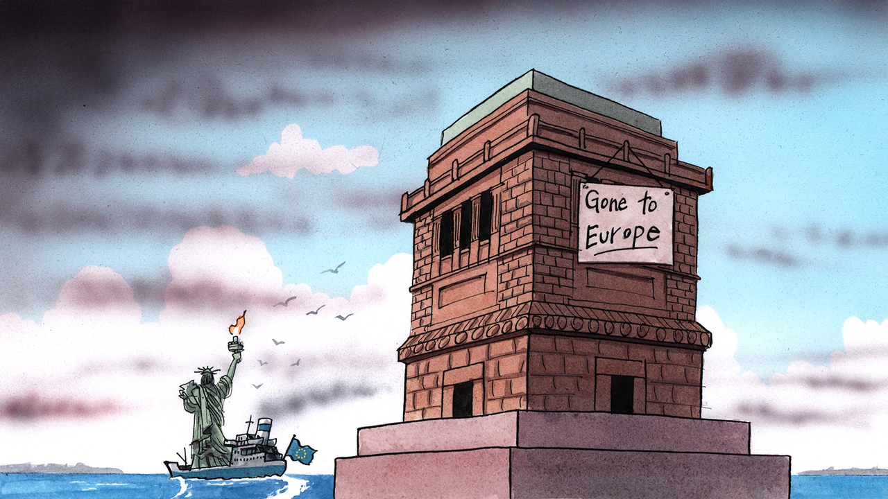 Illustration of the statue of liberty sailing off on a boat with the EU flag on it, her plinth is in the foreground with a notice pinned on it that says gone to Europe