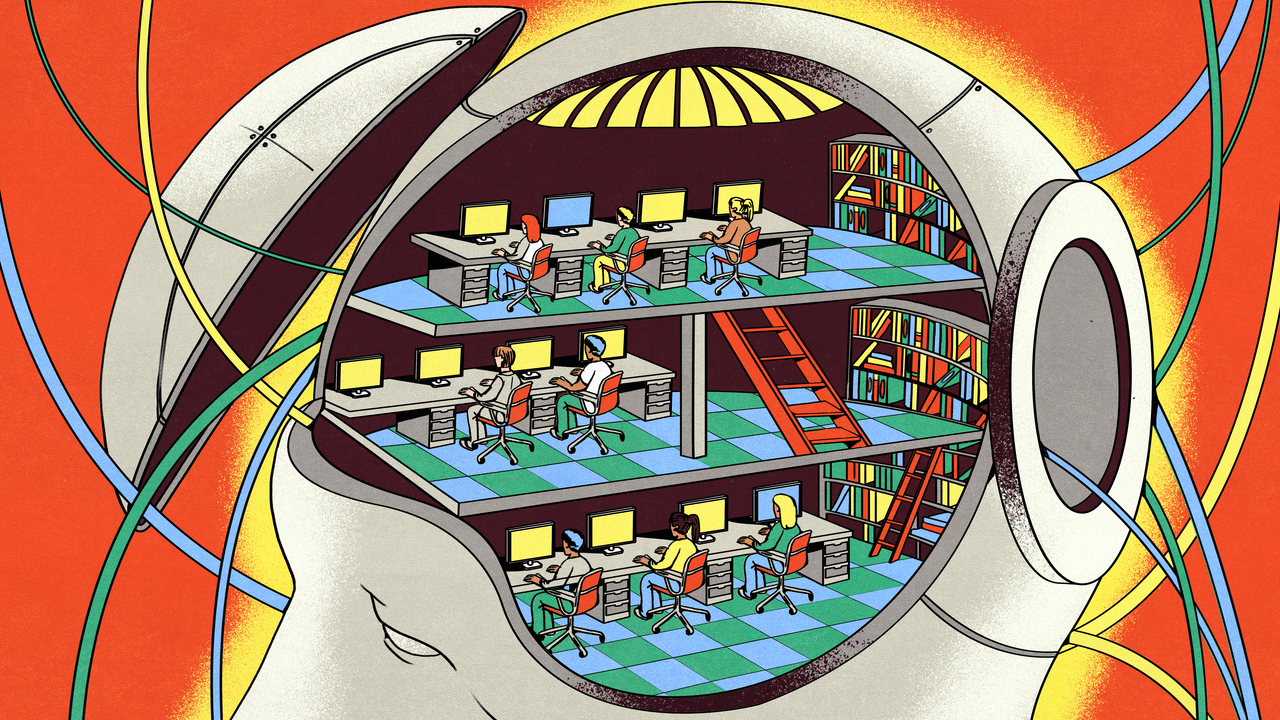 Illustration of an open robot head revealing a multi-level office space inside, where people work at desks with computers, surrounded by bookshelves