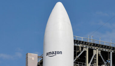 A United Launch Alliance Atlas V rocket is on the launch pad carrying Amazon's Project Kuiper internet network satellite