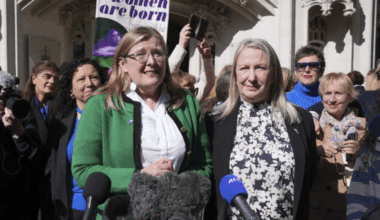Susan Smith (left) and Marion Calder, co-directors of For Women Scotland, with campaigners celebrate outside the U.K. Supreme Court in London on April 16, 2025, after the terms in the Equality Act were ruled to refer to a biological woman and biological sex.