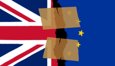 This image is a visual metaphor for Brexit, symbolizing the United Kingdom's departure from the European Union. On the left side is the Union Jack, representing the UK, and on the right is the EU flag with its recognizable blue background and yellow stars.